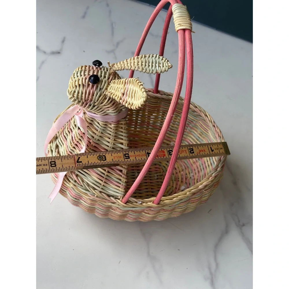 Vintage Pastel Wicker Bunny Easter Basket Pink Yellow Green Woven Rabbit Decor